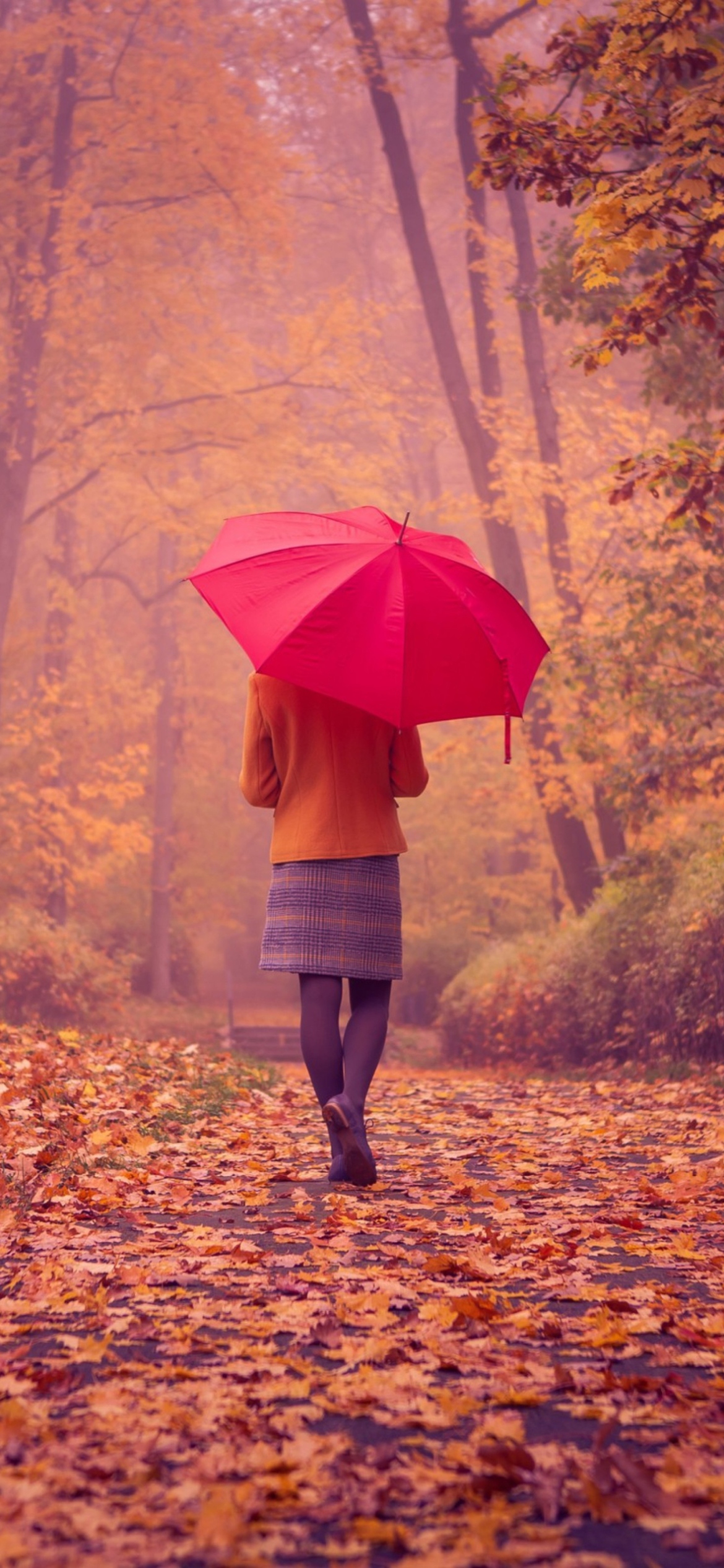 Autumn Walk With Red Umbrella wallpaper 1170x2532