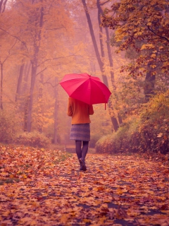 Autumn Walk With Red Umbrella wallpaper 240x320