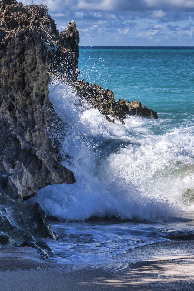 Das Rocks And Ocean Waves Wallpaper 640x960