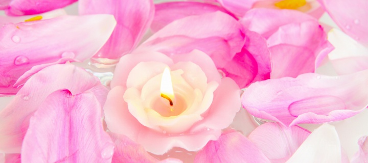 Candle on lotus petals wallpaper 720x320