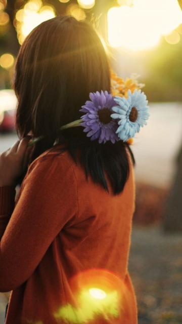 Girl With Two Blue Gerberas wallpaper 360x640