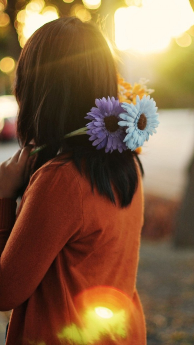 Girl With Two Blue Gerberas wallpaper 640x1136