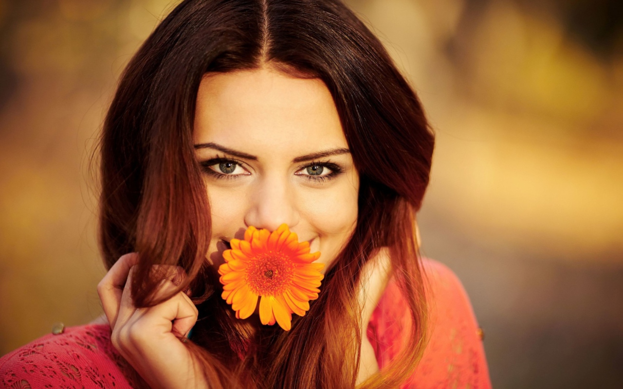 Обои Brunette Cutie With Orange Daisy 1280x800