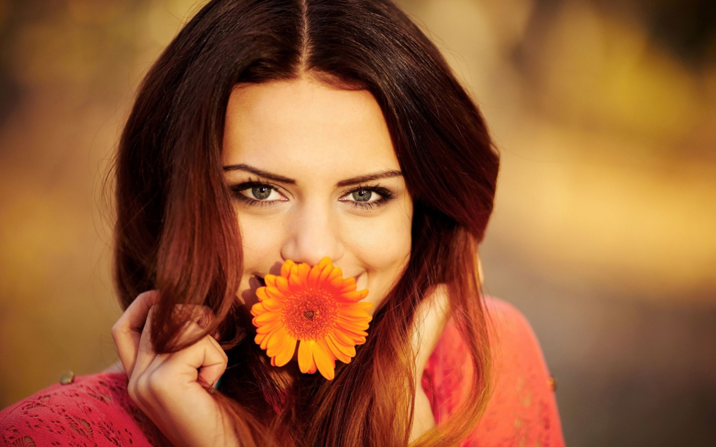 Brunette Cutie With Orange Daisy wallpaper 1440x900