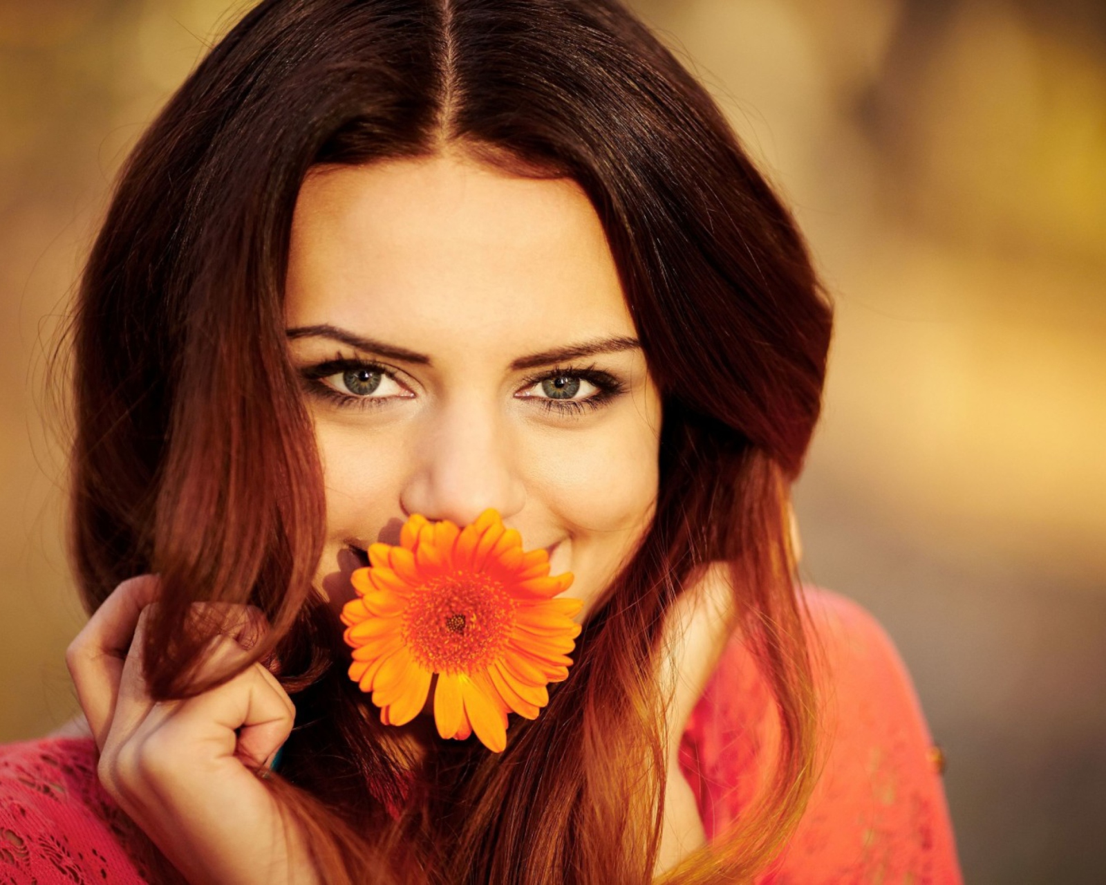 Brunette Cutie With Orange Daisy wallpaper 1600x1280