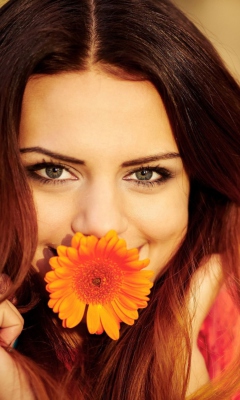 Brunette Cutie With Orange Daisy wallpaper 240x400