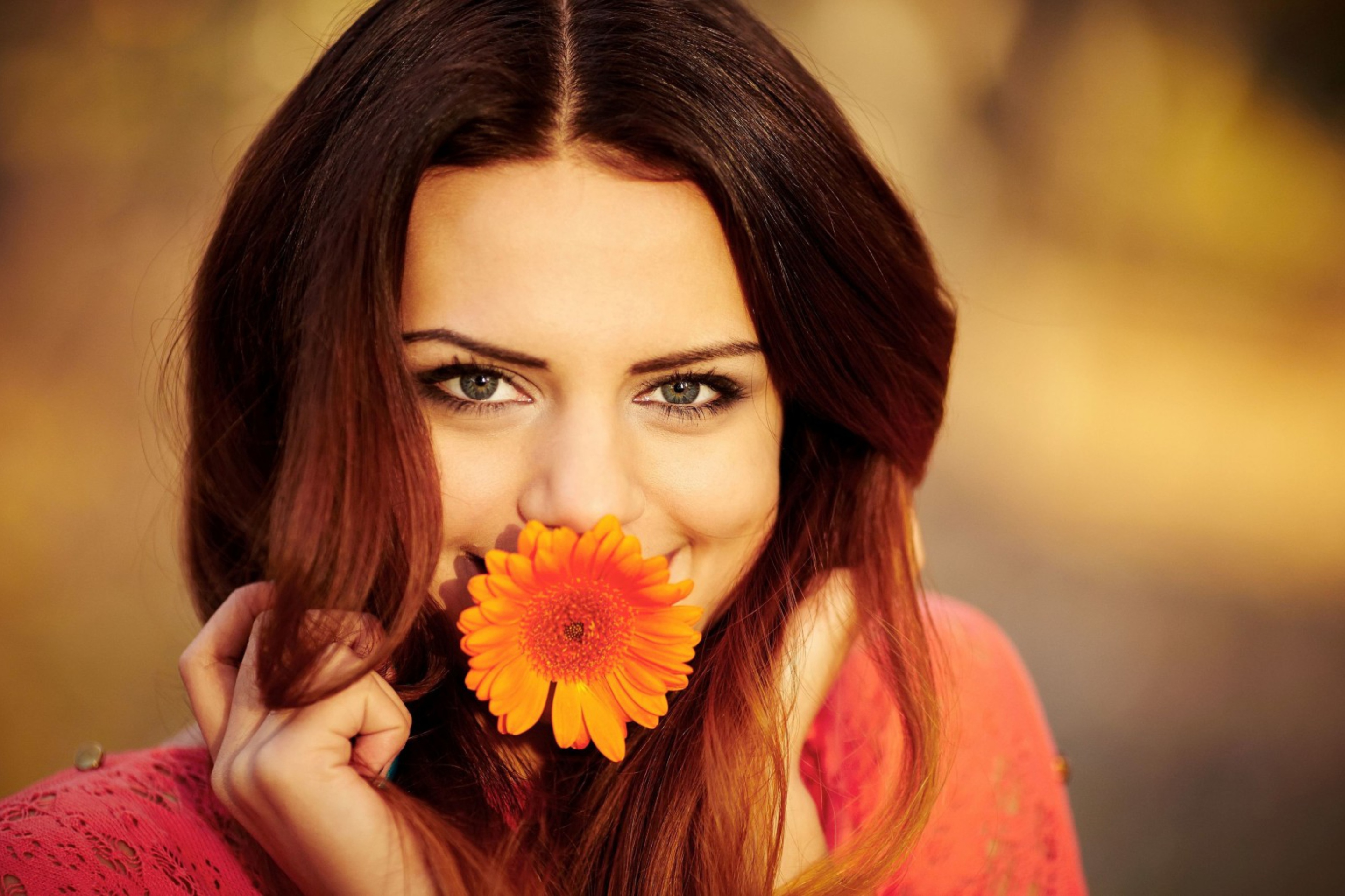 Обои Brunette Cutie With Orange Daisy 2880x1920