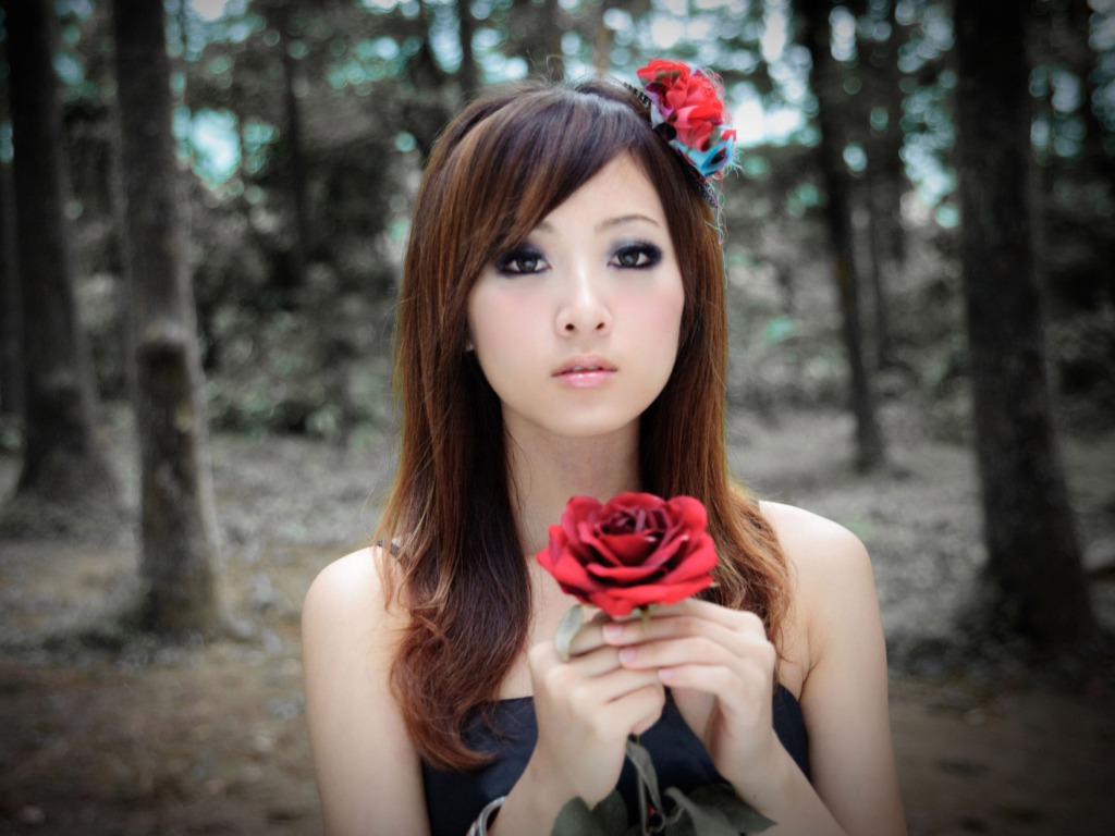 Sfondi Asian Girl With Red Rose 1024x768