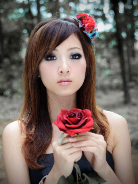 Обои Asian Girl With Red Rose 480x640