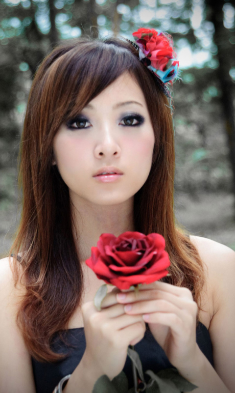 Обои Asian Girl With Red Rose 480x800