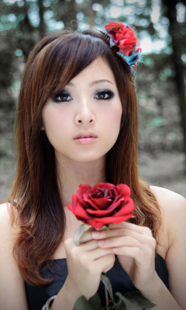 Das Asian Girl With Red Rose Wallpaper 768x1280
