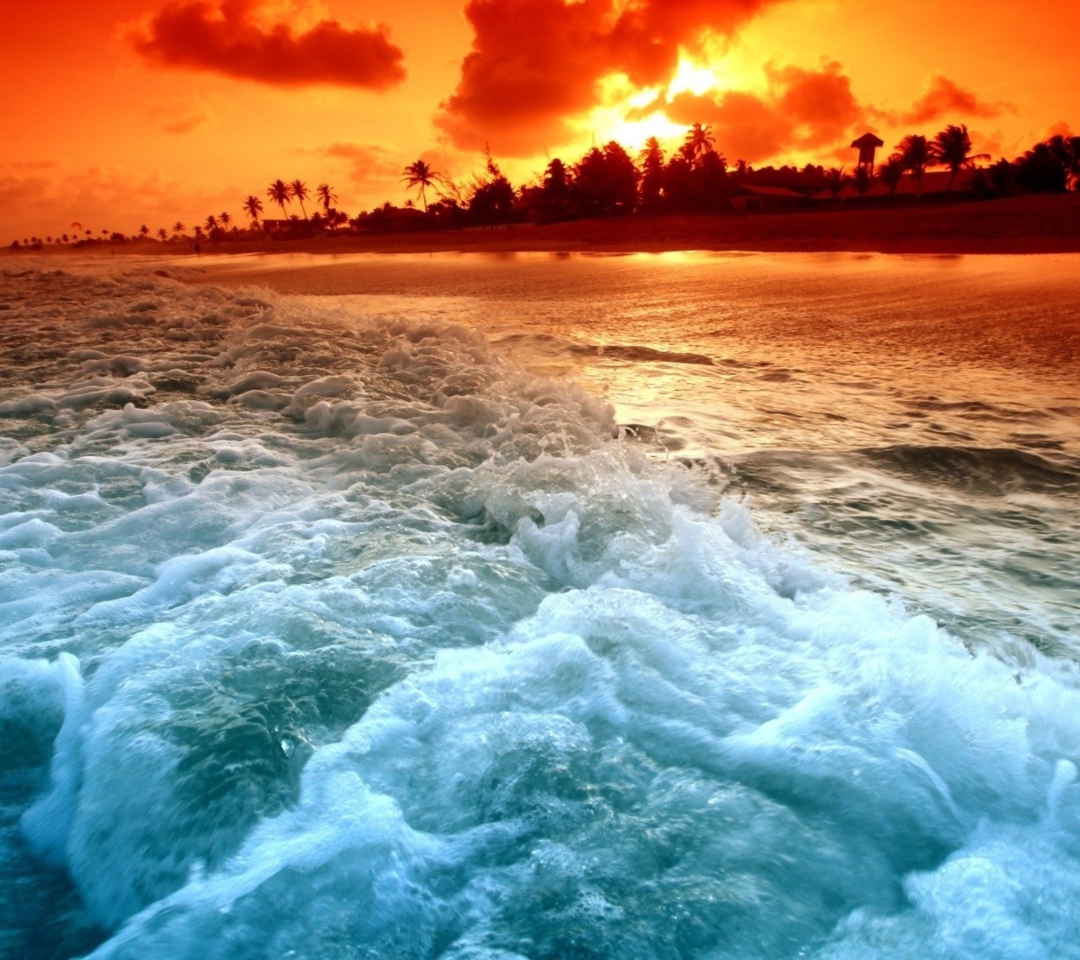 Das Blue Waves And Red Sunset Wallpaper 1080x960