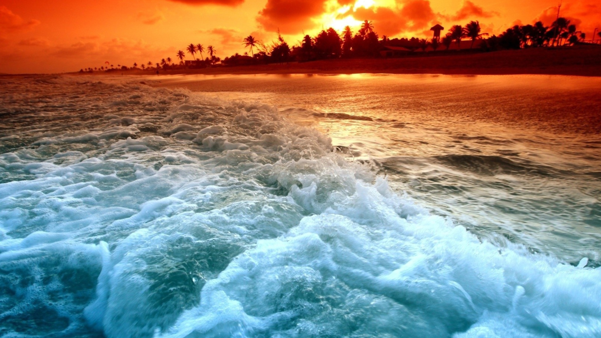 Blue Waves And Red Sunset wallpaper 1920x1080