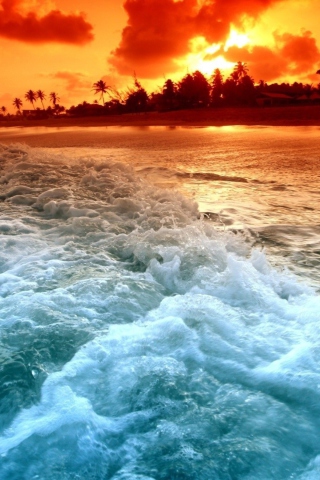 Blue Waves And Red Sunset wallpaper 320x480