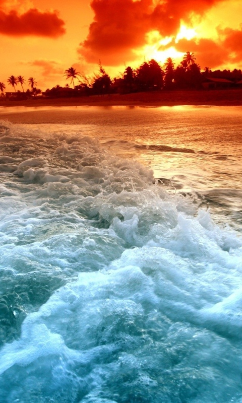 Das Blue Waves And Red Sunset Wallpaper 480x800