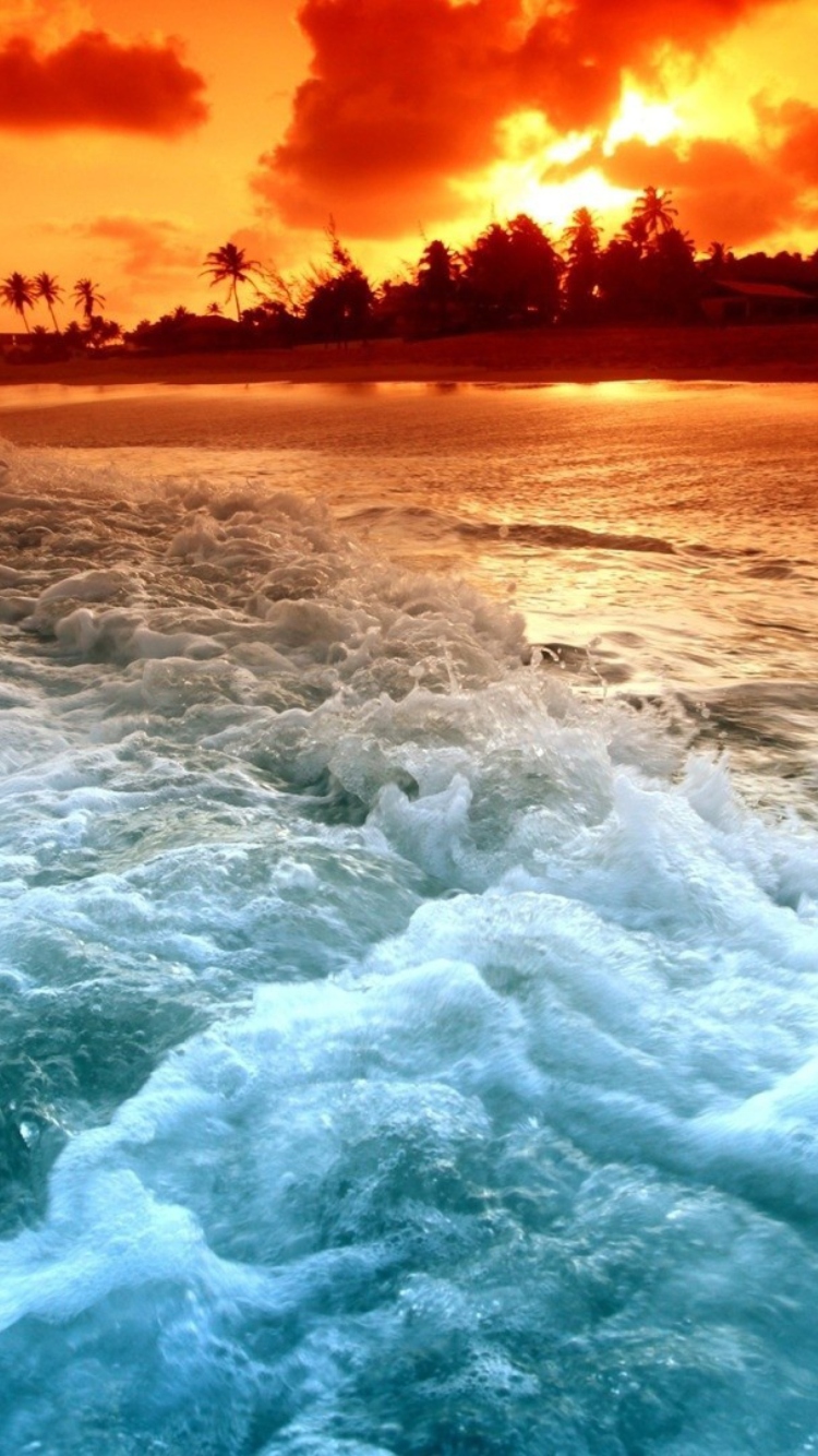 Blue Waves And Red Sunset wallpaper 750x1334