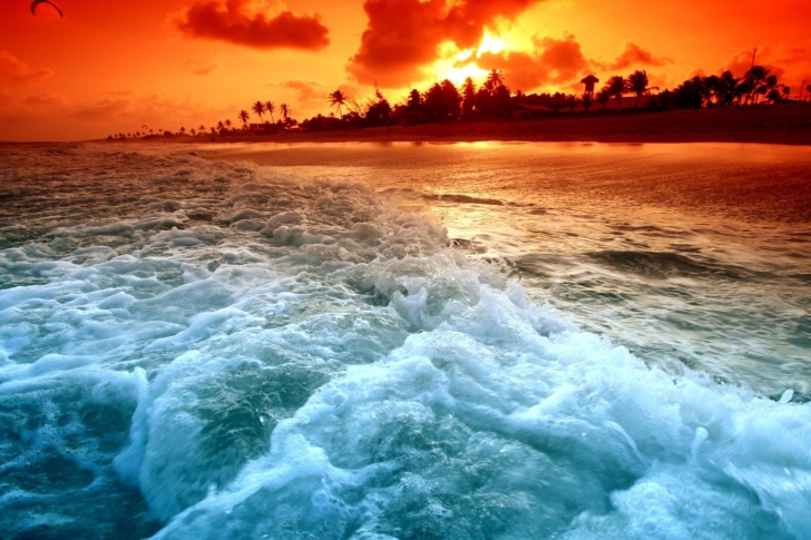 Blue Waves And Red Sunset wallpaper