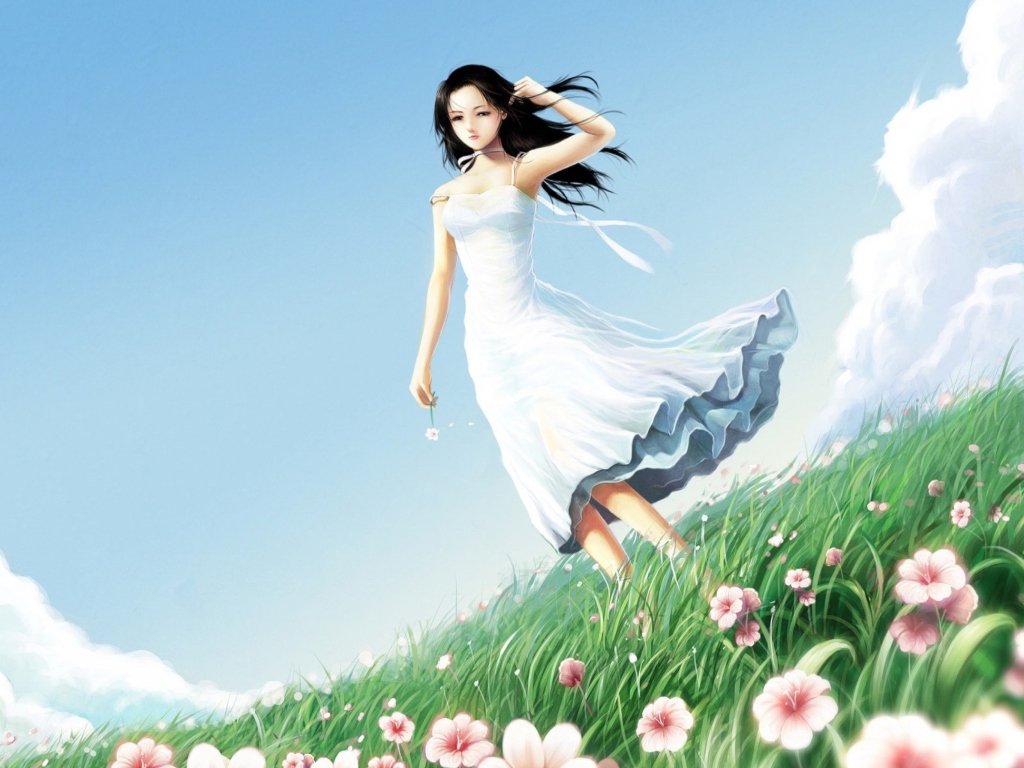 Das Girl In Blue Dress In Flower Field Wallpaper 1024x768