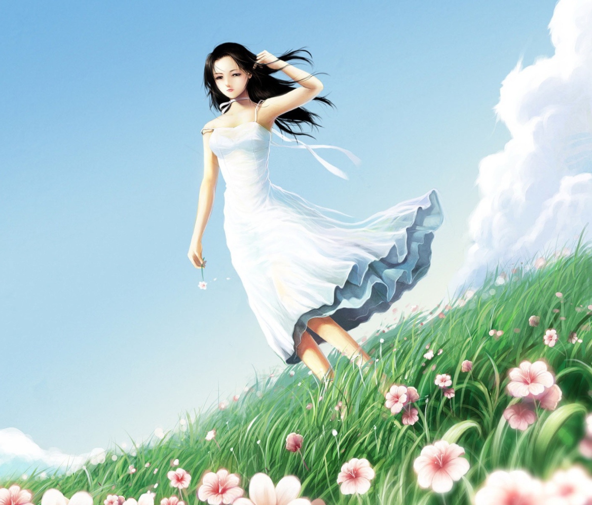 Обои Girl In Blue Dress In Flower Field 1200x1024
