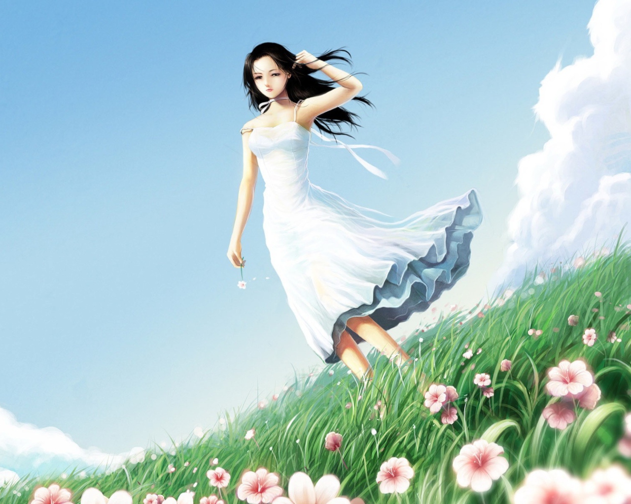 Girl In Blue Dress In Flower Field wallpaper 1280x1024