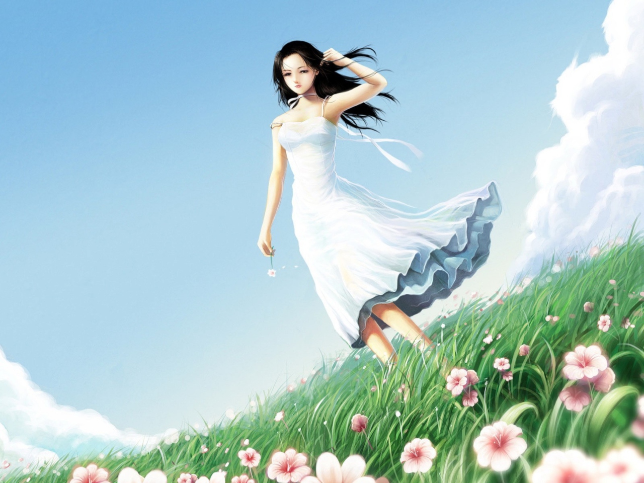 Fondo de pantalla Girl In Blue Dress In Flower Field 1280x960