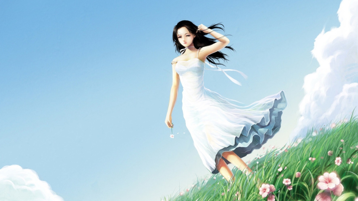 Girl In Blue Dress In Flower Field wallpaper 1366x768