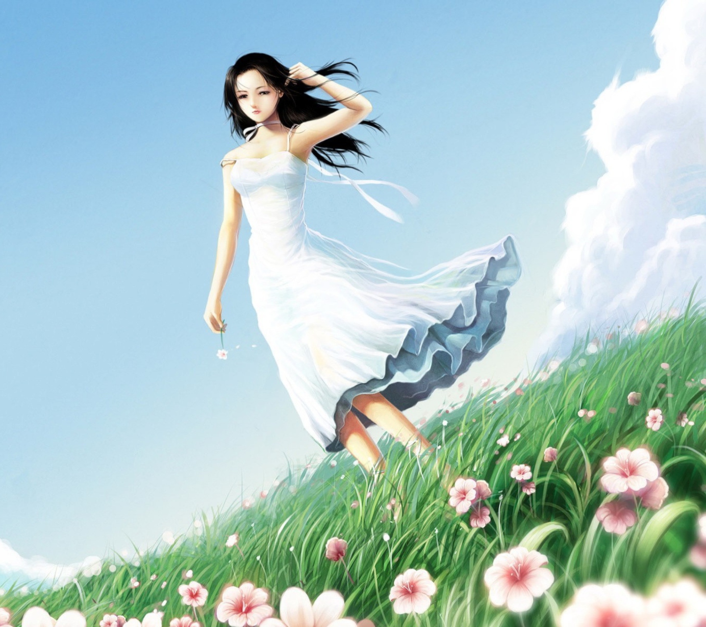 Girl In Blue Dress In Flower Field wallpaper 1440x1280