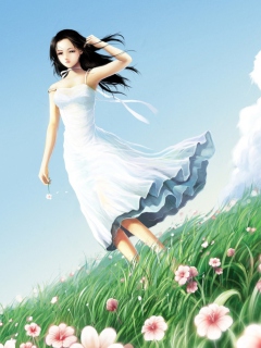 Girl In Blue Dress In Flower Field wallpaper 240x320