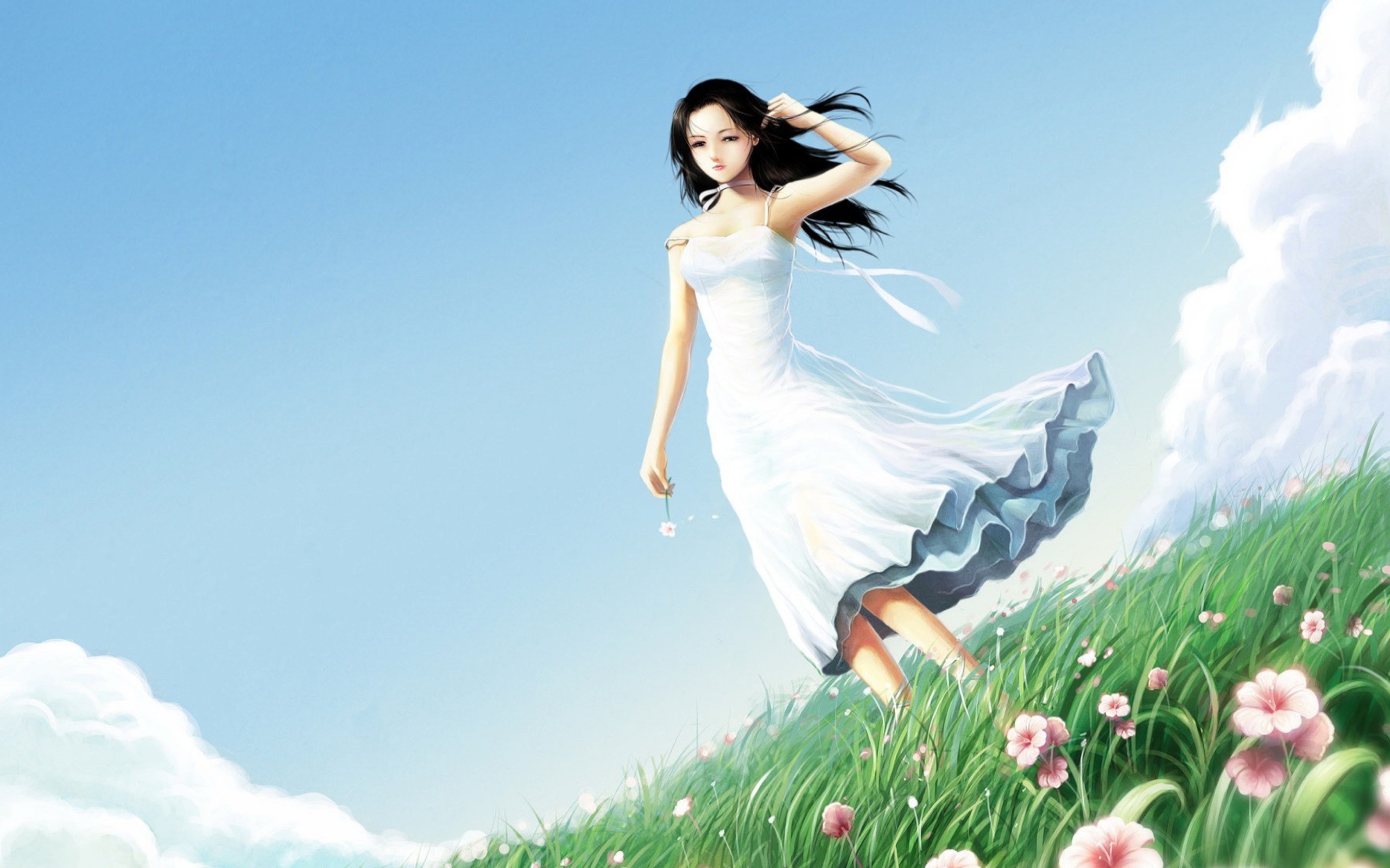 Обои Girl In Blue Dress In Flower Field 2560x1600