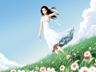 Girl In Blue Dress In Flower Field wallpaper 320x240