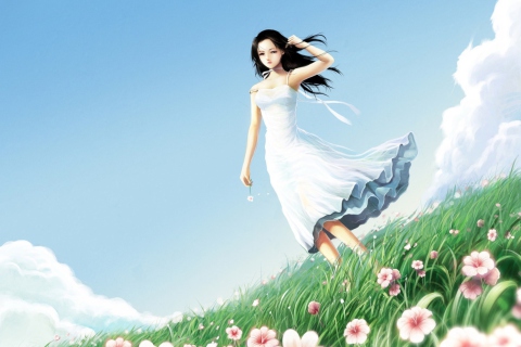 Girl In Blue Dress In Flower Field wallpaper 480x320