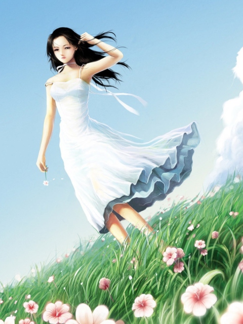 Das Girl In Blue Dress In Flower Field Wallpaper 480x640