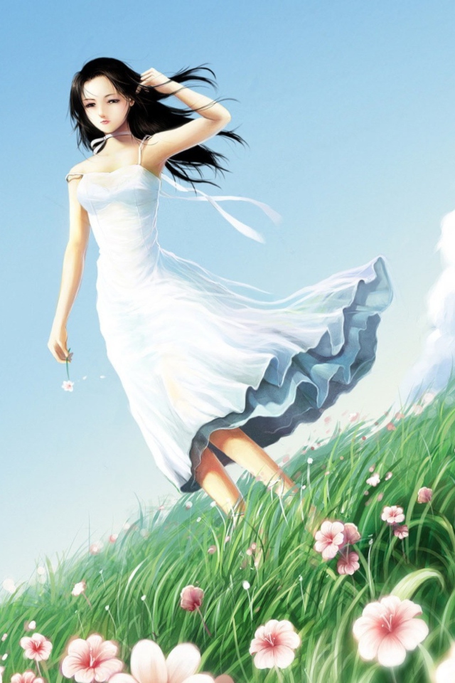 Sfondi Girl In Blue Dress In Flower Field 640x960