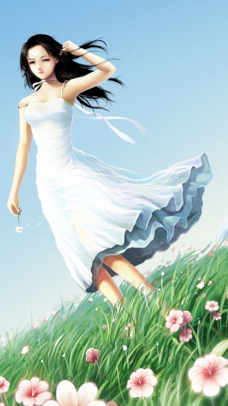 Das Girl In Blue Dress In Flower Field Wallpaper 750x1334