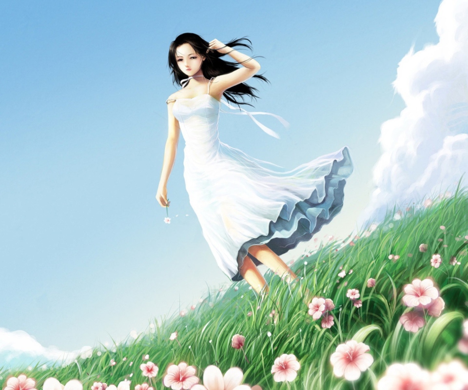 Girl In Blue Dress In Flower Field screenshot #1 960x800