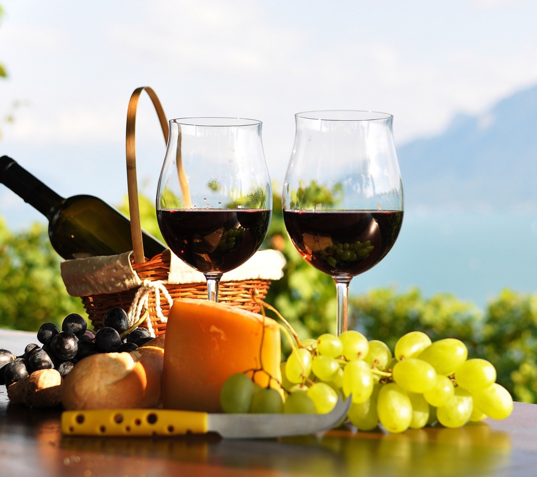 Fondo de pantalla Picnic with wine and grapes 1080x960