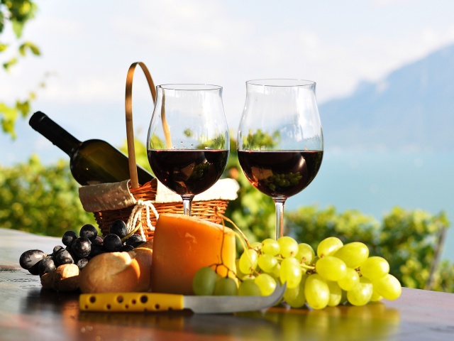 Picnic with wine and grapes wallpaper 640x480