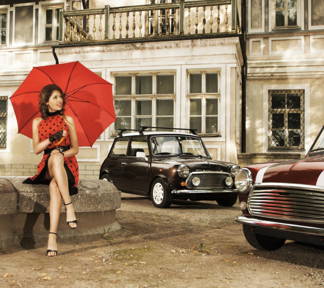 Sfondi Girl With Red Umbrella And Vintage Mini Cooper 1080x960