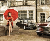 Girl With Red Umbrella And Vintage Mini Cooper wallpaper 176x144