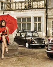 Girl With Red Umbrella And Vintage Mini Cooper wallpaper 176x220