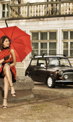 Sfondi Girl With Red Umbrella And Vintage Mini Cooper 240x400