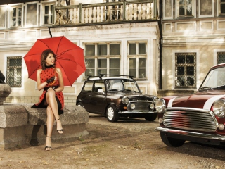 Sfondi Girl With Red Umbrella And Vintage Mini Cooper 320x240