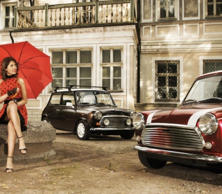 Kostenloses Girl With Red Umbrella And Vintage Mini Cooper Wallpaper für 2048x2048