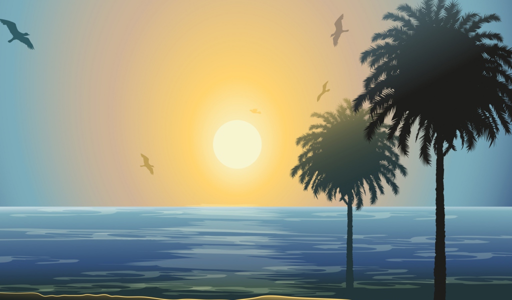 Fondo de pantalla Sunset Behind Palm Trees Drawing 1024x600