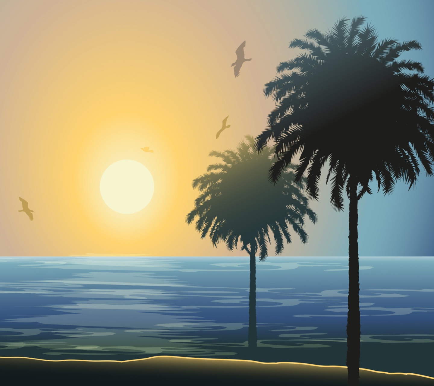 Обои Sunset Behind Palm Trees Drawing 1440x1280