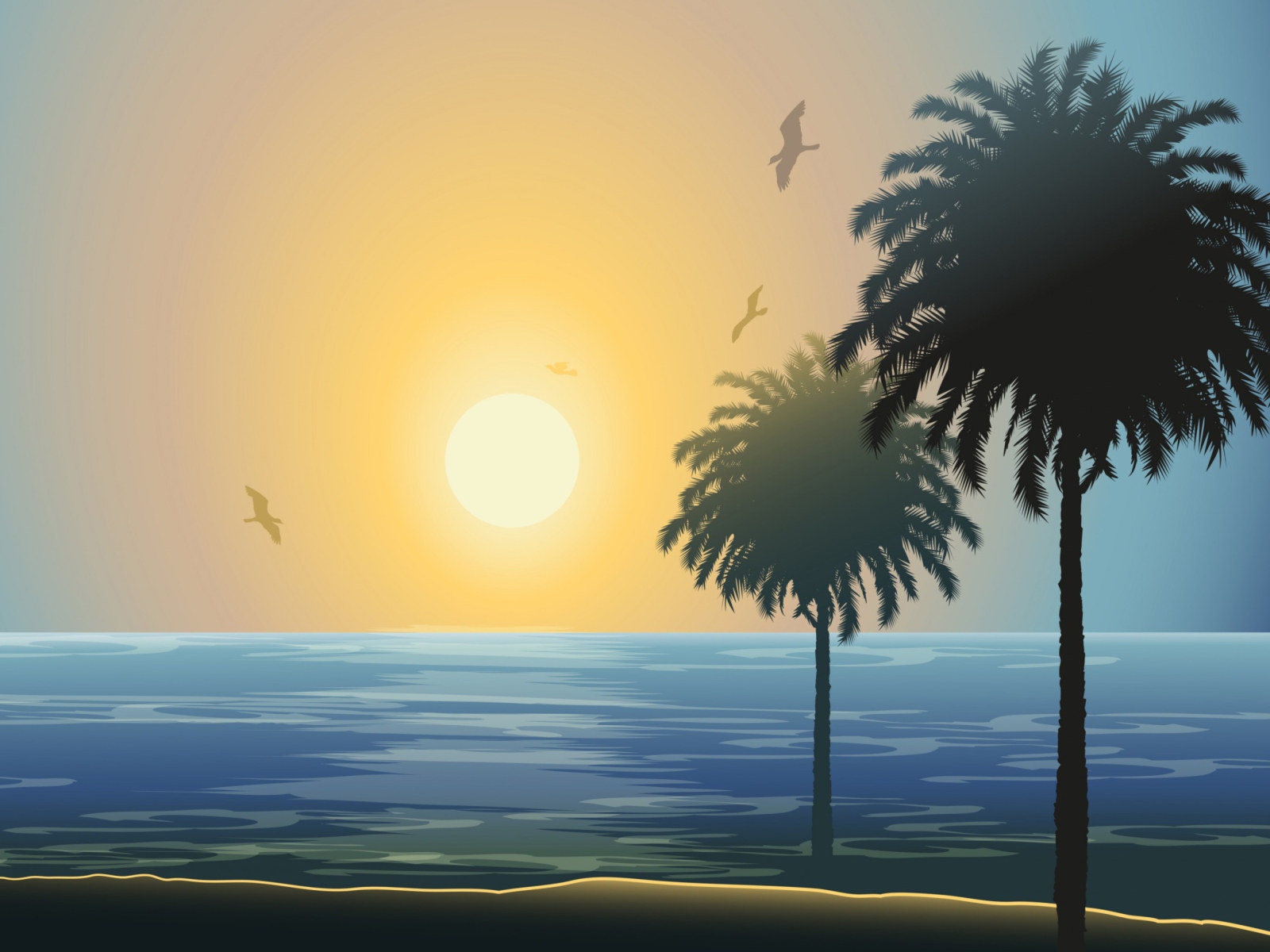 Sunset Behind Palm Trees Drawing wallpaper 1600x1200