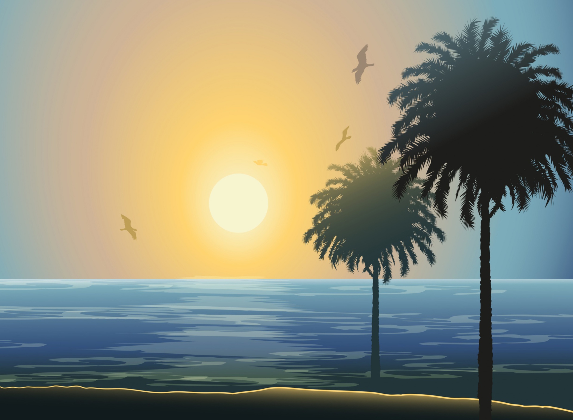 Sunset Behind Palm Trees Drawing wallpaper 1920x1408