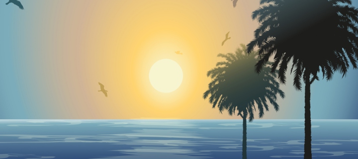 Sunset Behind Palm Trees Drawing wallpaper 720x320