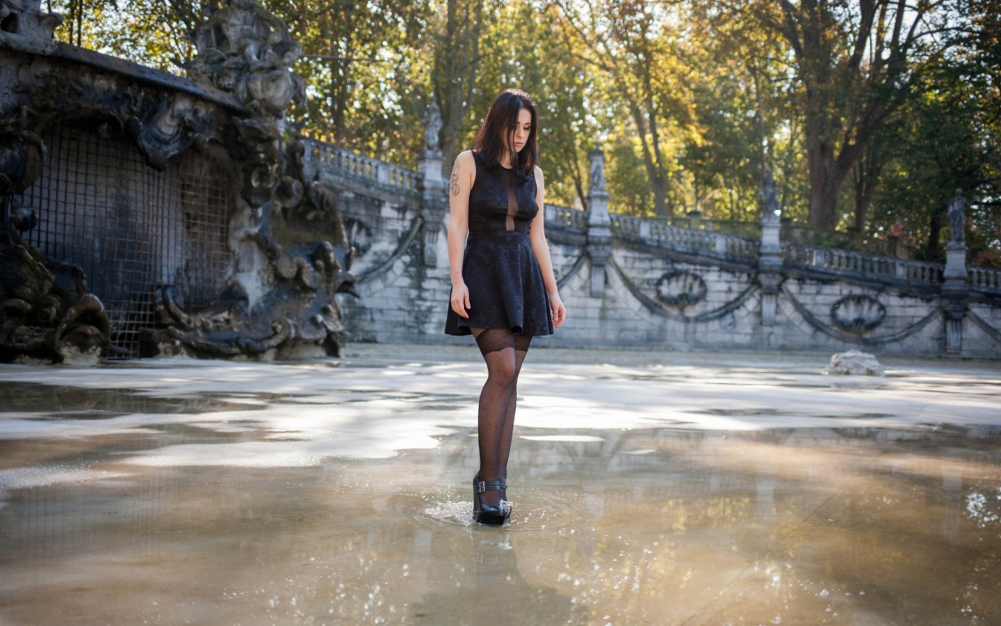 Sfondi Stockings brunette in puddle 1440x900