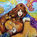 Das Girl And Lion Painting Wallpaper 128x128